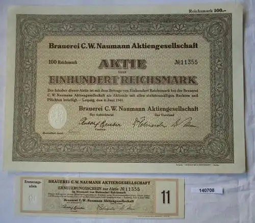 100 Reichsmark Aktie Brauerei C.W. Naumann AG Leipzig 6.Juni 1941 (140708)