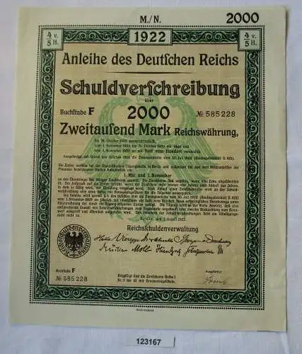 2000 Mark Aktie Schuldenverschreibung deutsches Reich Berlin 01.08.1922 (123167)