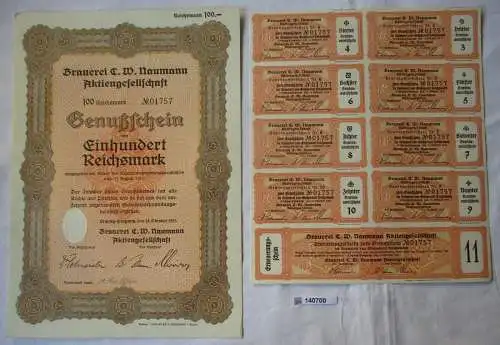 100 RM Genußschein Brauerei C.W. Naumann AG Leipzig-Plagwitz 18.10.1933 (140700)