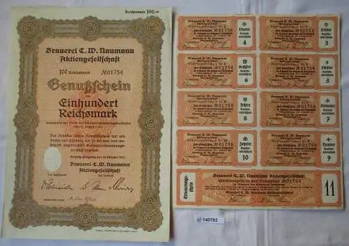 100 RM Genußschein Brauerei C.W. Naumann AG Leipzig-Plagwitz 18.10.1933 (140782)