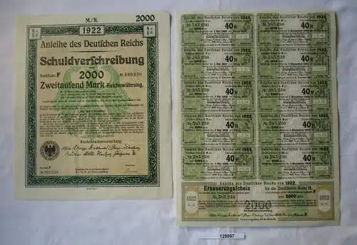 2000 Mark Aktie Schuldenverschreibung deutsches Reich Berlin 01.08.1922 (129997)