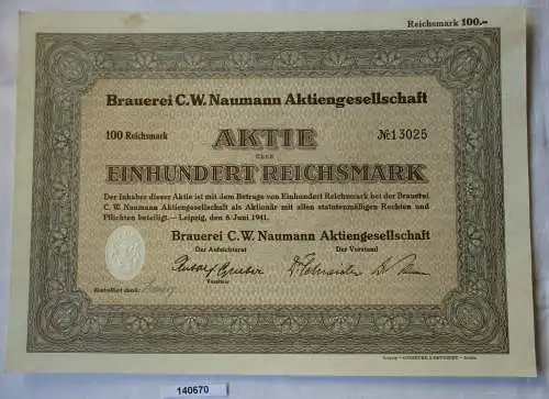 100 Reichsmark Aktie Brauerei C.W. Naumann AG Leipzig 6.Juni 1941 (140670)