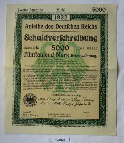 5000 Mark Aktie Schuldenverschreibung deutsches Reich Berlin 01.12.1922 (126009)