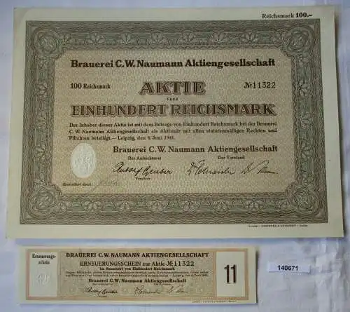 100 Reichsmark Aktie Brauerei C.W. Naumann AG Leipzig 6.Juni 1941 (140671)