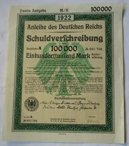 100 000 Mark Aktie Schuldenverschreibung dt. Reich Berlin 01.12.1922 (121297)