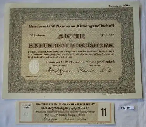 100 Reichsmark Aktie Brauerei C.W. Naumann AG Leipzig 6.Juni 1941 (140766)