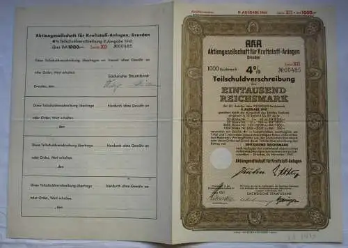 1000 Mark Aktie AKA AG für Kraftstoff-Anlagen Dresden November 1941 (120989)