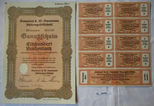 100 RM Genußschein Brauerei C.W. Naumann AG Leipzig-Plagwitz 18.10.1933 (140452)