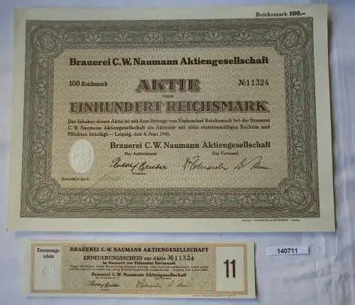 100 Reichsmark Aktie Brauerei C.W. Naumann AG Leipzig 6.Juni 1941 (140711)