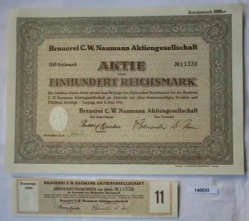 100 Reichsmark Aktie Brauerei C.W. Naumann AG Leipzig 6.Juni 1941 (140633)