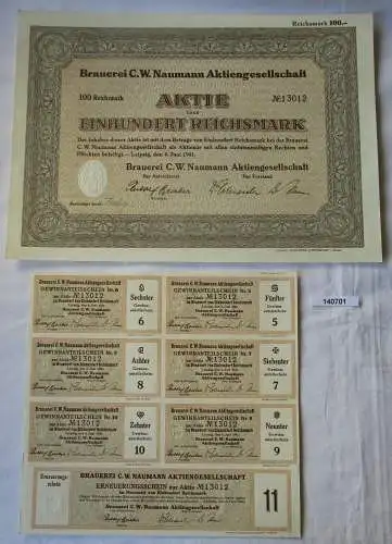 100 Reichsmark Aktie Brauerei C.W. Naumann AG Leipzig 6.Juni 1941 (140701)