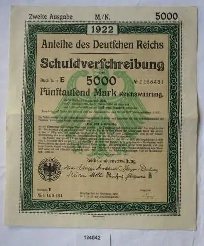5000 Mark Aktie Schuldenverschreibung deutsches Reich Berlin 01.12.1922 (124042)