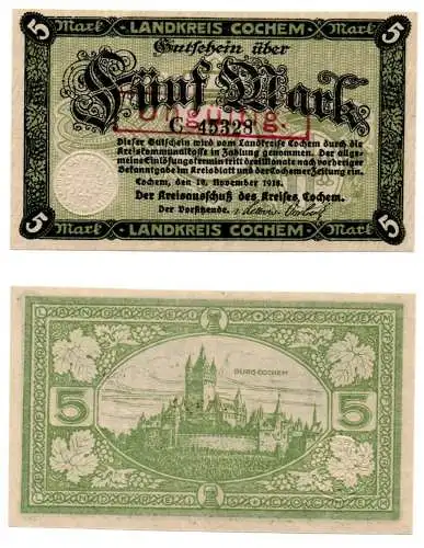 5 Mark Banknote Notgeld Landkreis Cochem 19.11.1918 (144133)