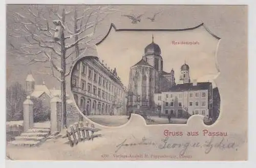 90386 Winter Passepartout Ak Gruss aus Passau - Residenzplatz 1902