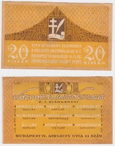 20 Filler Banknote Ungarn 1919 Központi sajtóvállalat Budapest (154281)