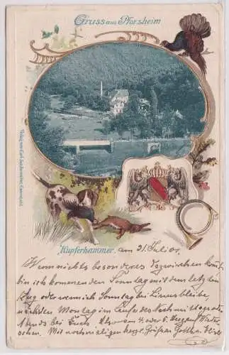 900484 Präge Ak Lithographie Gruß aus Pforzheim Kupferhammer 1901