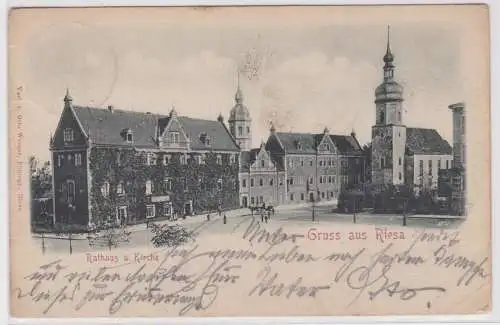 900107 Lithographie Ak Gruss aus Riesa - Rathaus und Kirche 1900