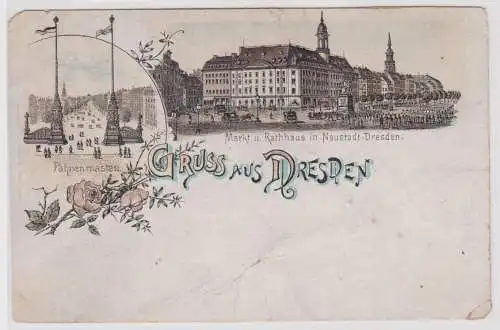 900112 Lithographie Ak Gruss aus Dresden - Fahnenmasten, Markt und Rathaus