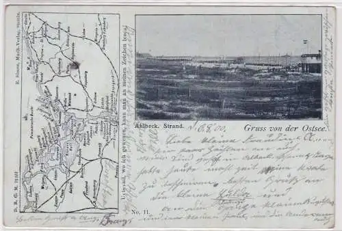 901362 Ak Gruss von der Ostsee - Ahlebeck Strand und Landkarte 1900