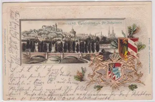 901363 geprägte Ak Wappen von Nürnberg und Panorama von St. Johannis 1900