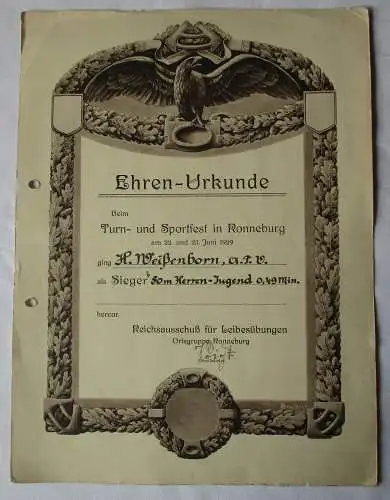 Ehren-Urkunde Turn- und Sportfest Ronneburg 1929 Ausschuß Leibesübungen (112498)
