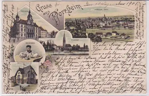 900383 AK Gruss aus Pforzheim - Rathaus, Schützenhaus, Goldschmied, Totale 1901