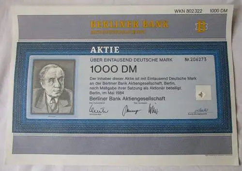 1000 Mark Aktie Berliner Bank AG Berlin Mai 1984 (107530)