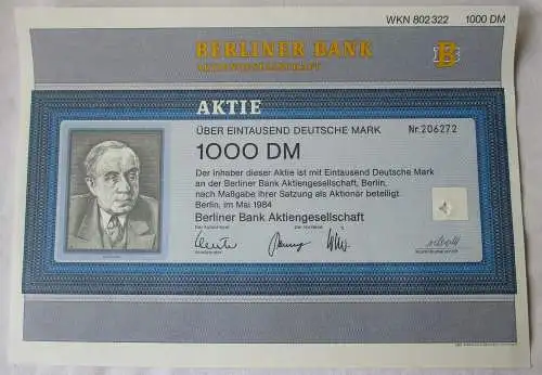 1000 DM Mark Aktie Berliner Bank AG Berlin Mai 1984 (106188)