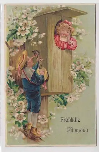 56982 Fröhliche Pfingsten Präge AK Mädchen im Nistkasten, Junge musiziert 1907