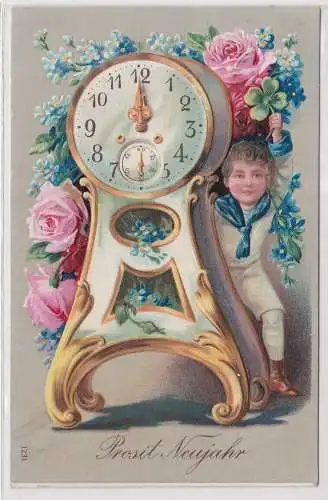 56024 Präge AK Prosit Neujahr Uhr Junge Vergißmeinnicht Rosen Kleeblatt 1910