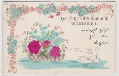10479 Präge AK Glückwunsch zum Jahreswechsel Schwanenboot m.Vergißmeinnicht 1904
