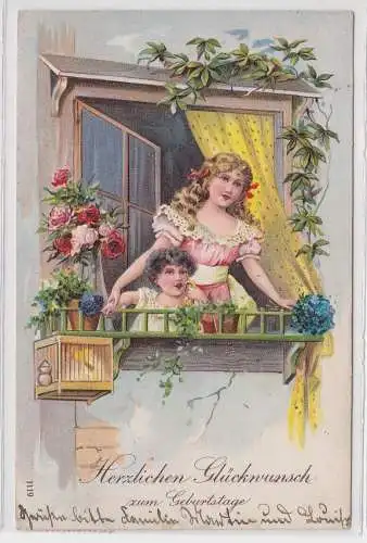14713 Präge AK Glückwunsch zum Geburtstage Frau mit Kind am Fensterbalkon 1910