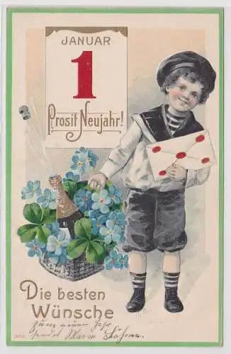 83582 Präge AK Prosit Neujahr! Kind mit Brief und Korb mit Vergißmeinnicht 1907