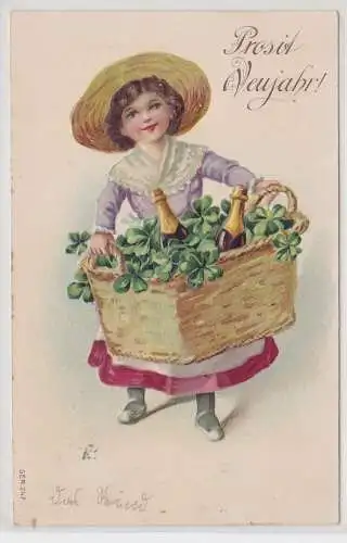 91560 Ak Prosit Neujahr! Mädchen mit Korb Kleeblätter und Sekt 1907