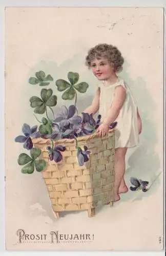 95131 Ak Prosit Neujahr! Engel mit Blumenkorb, Veilchen Kleeblätter 1907