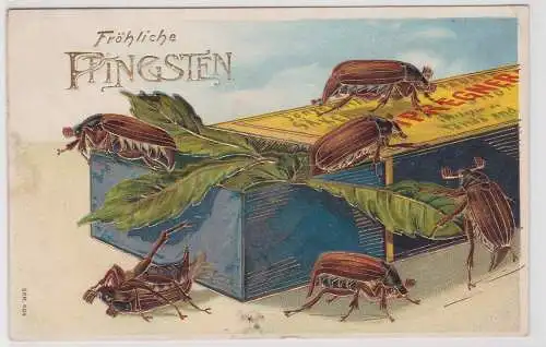 39724 geprägte Ak Fröhliche Pfingsten Schachtel mit Maikäfer SER. 404  1908