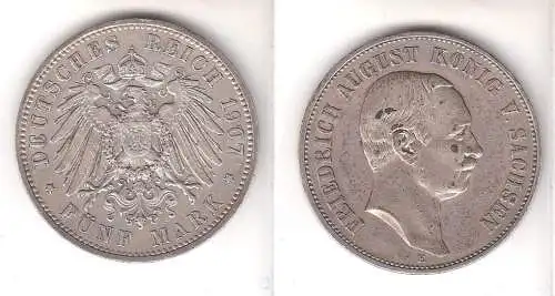 5 Mark Silbermünze Sachsen König Friedrich August 1907 Jäger 136  (111297)