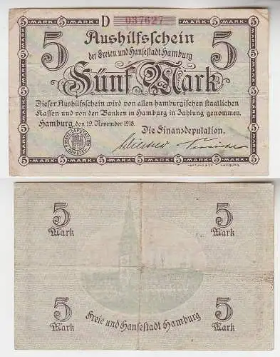 5 Mark Banknote Aushilfsschein Stadt Hamburg 19.11.1918 (115804)