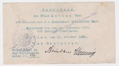 100 Milliarden Mark Banknote Stadt Anklam 31.10.1923 (121051)