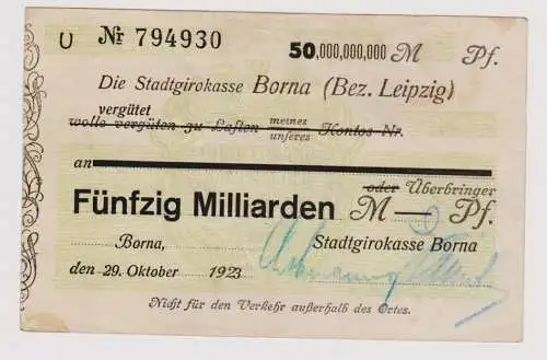 Firmenscheck 50 Milliarden Mark Banknote Stadtgirokasse Borna 29.10.1923(120329)