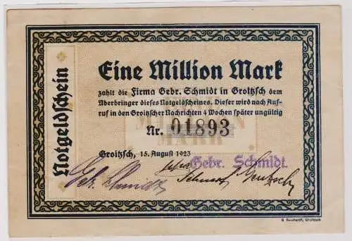 1 Million Mark Banknote Firma Gebr.Schmidt Groitzsch 15.8.1923 (120374)