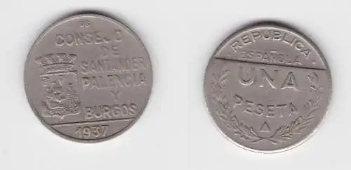 rare 1 Peseta Kupfer Nickel Münze Republik Spanien Bürgerkrieg 1937 (136077)