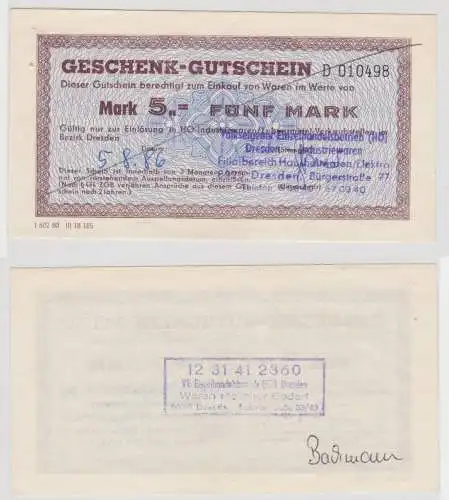 5 Mark Banknote Geschenk-Gutschein HO Bezirk Dresden 5.August 1986 (154224)