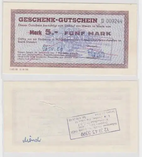 5 Mark Banknote Geschenk-Gutschein HO Bezirk Dresden 5.August 1986 (151913)
