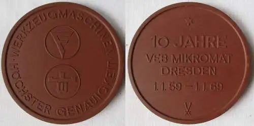 DDR Medaille Meissner Porzellan 10 Jahre VEB Mikromat Dresden 1959-1969 (145077)