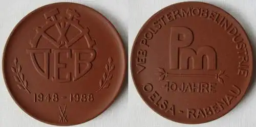 DDR Porzellan Medaille VEB Polstermöbelindustrie Oelsa Rabenau 1948-88 (145119)