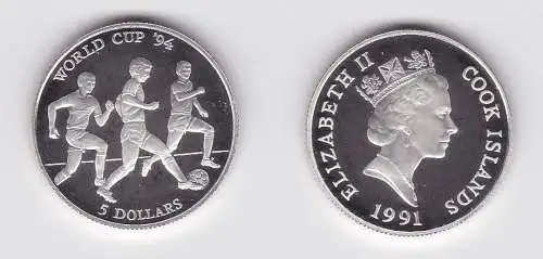 5 Dollar Silbermünze Cook Inseln 1991 Fussball WM USA 1994 (123218)
