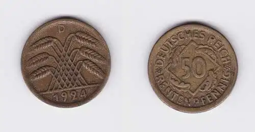 50 Rentenpfennig Messing Münze Weimarer Republik 1924 D Jäger 310 (127379)