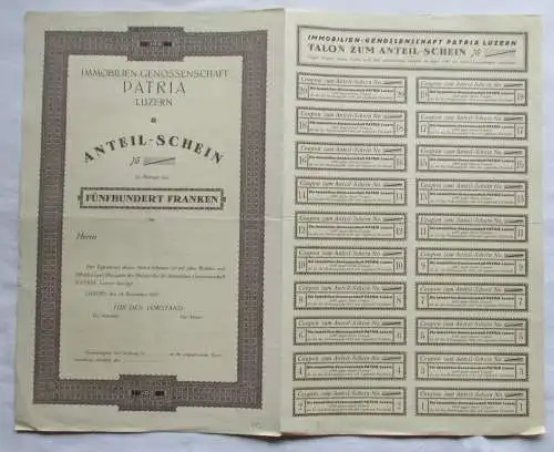 500 Franken Aktie Immobilien-Genossenschaft Patria Luzern 16.11.1927 (135194)