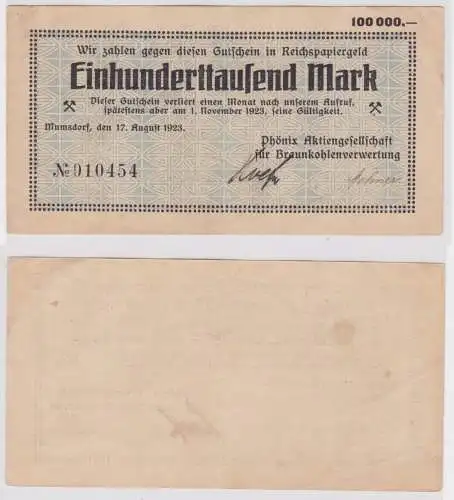 100000 Mark Banknote Mumsdorf Phönix AG für Braunkohlenverwertung 1923 (154048)